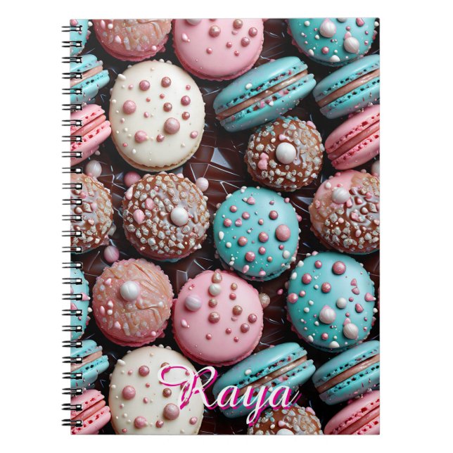 Pretty Chocolate, Blue and Pink Macaron  Notebook (Front)