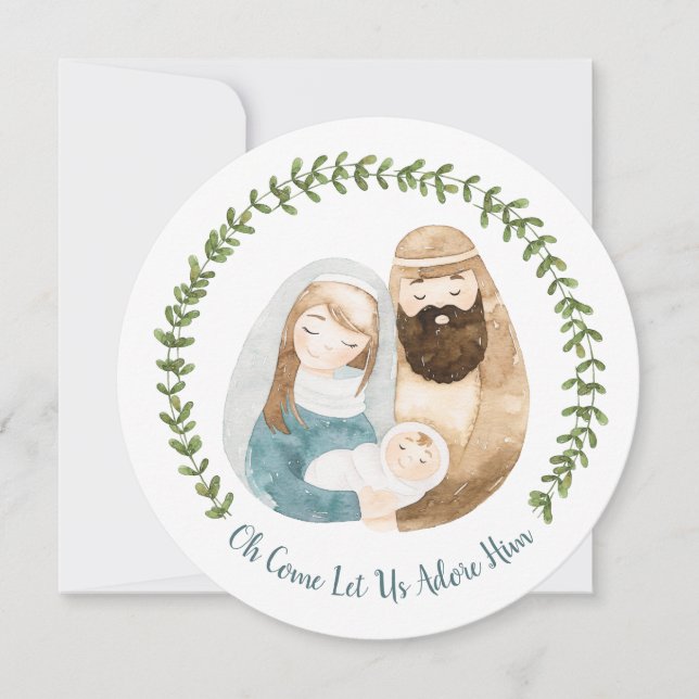 Pretty Christian Nativity Watercolor Christmas Holiday Card (Front)