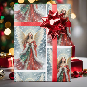 Pretty Christmas Angel in Red & Green w Snow Wrapping Paper
