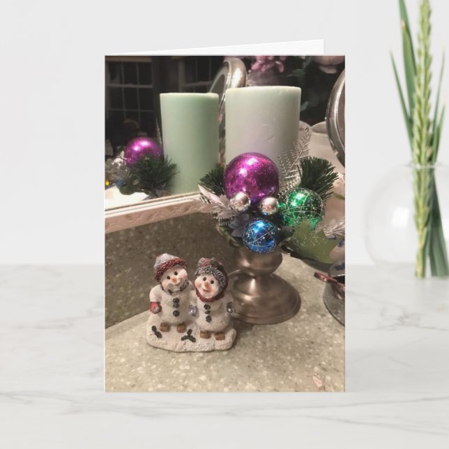 Pretty Christmas Candle and Snowman Display Card (Front)
