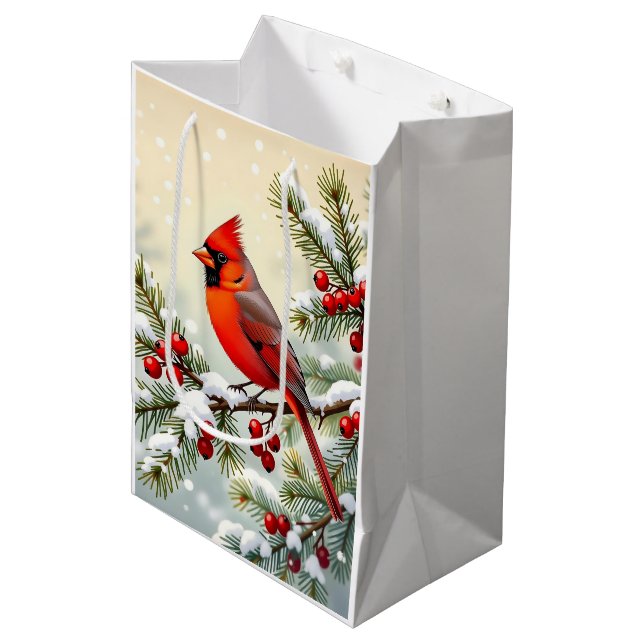 Pretty Christmas Cardinal and Snowflakes Christmas Medium Gift Bag (Front Angled)