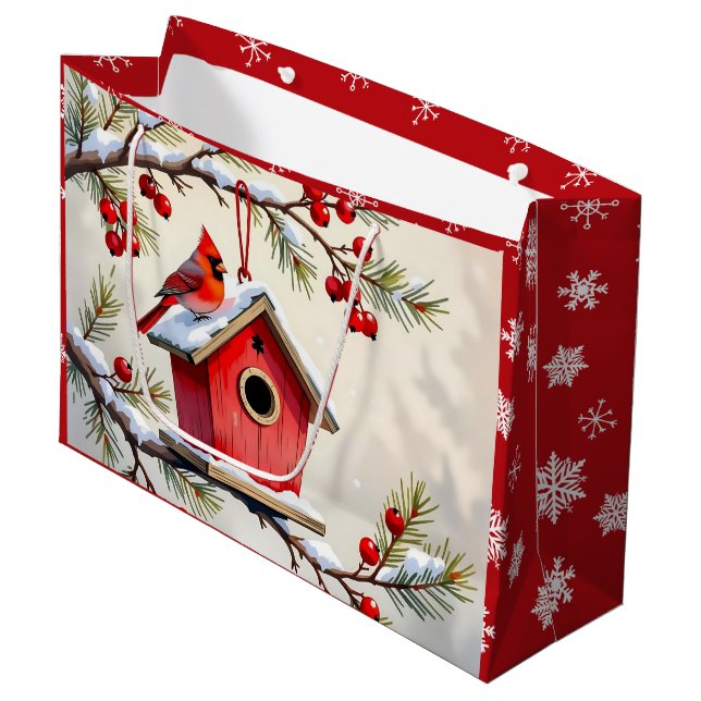 Pretty Christmas Cardinal & Birdhouse Snowflakes Large Gift Bag (Front Angled)