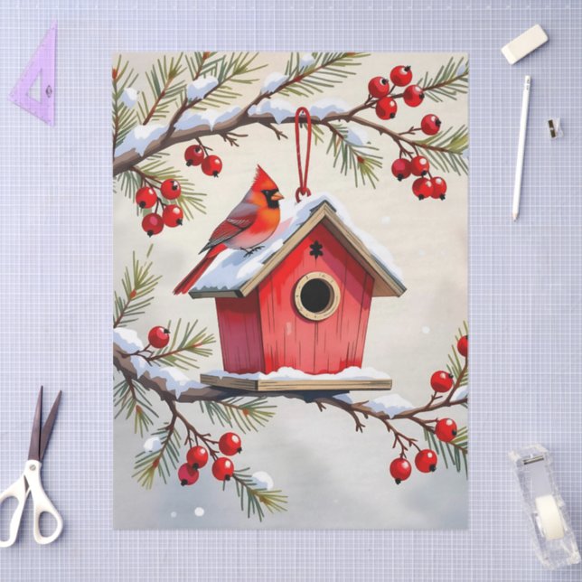 Pretty Christmas Cardinal & Birdhouse Snowflakes Tissue Paper (Craft)