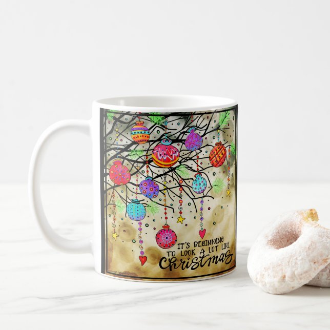 Pretty Christmas Colourful Ornaments Coffee Mug (With Donut)