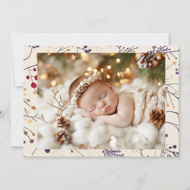 Pretty Christmas Foliage and Baby Photo Holiday Card (Front)