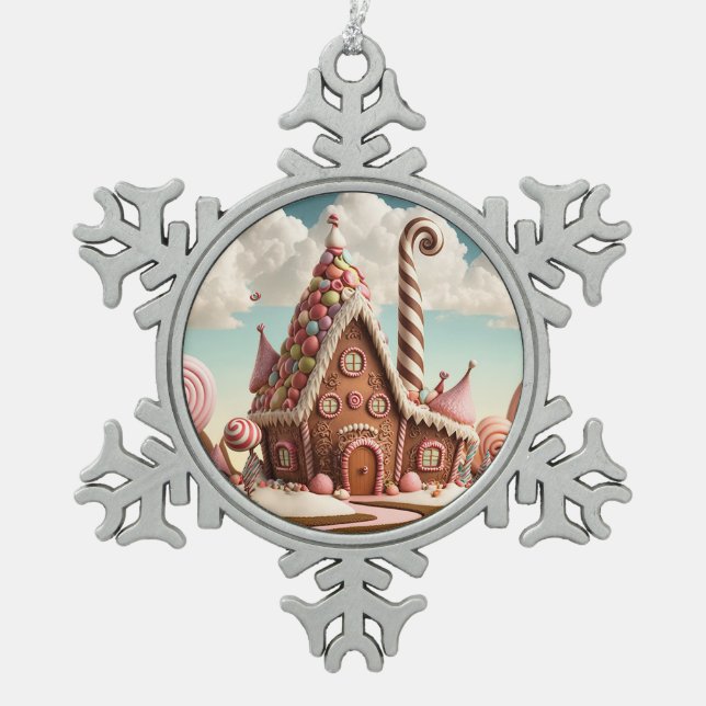 Pretty Christmas Gingerbread House Snowflake Pewter Christmas Ornament (Front)