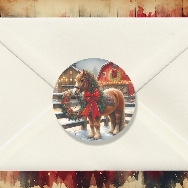 Pretty Christmas Horse on a Festive Farm Classic Round Sticker (Creator Uploaded)