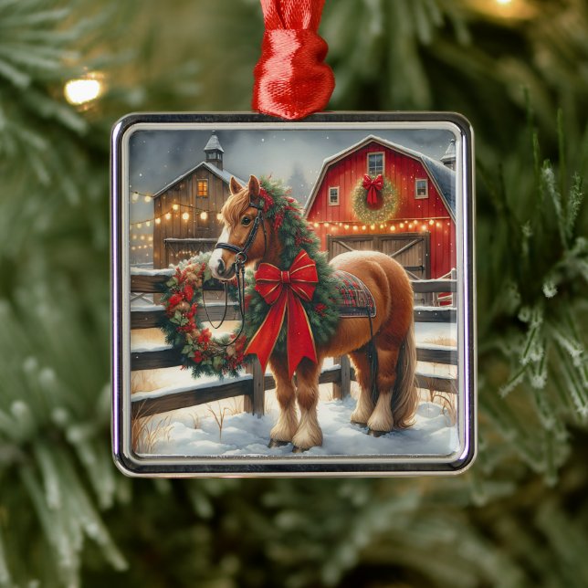 Pretty Christmas Horse on a Festive Farm Metal Tree Decoration (Tree)