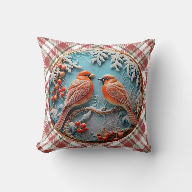 Pretty Christmas Plaid Birds. Cushion (Front)