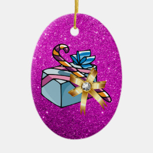 Pretty Christmas Present & Pink Faux Glitter Ceramic Tree Decoration