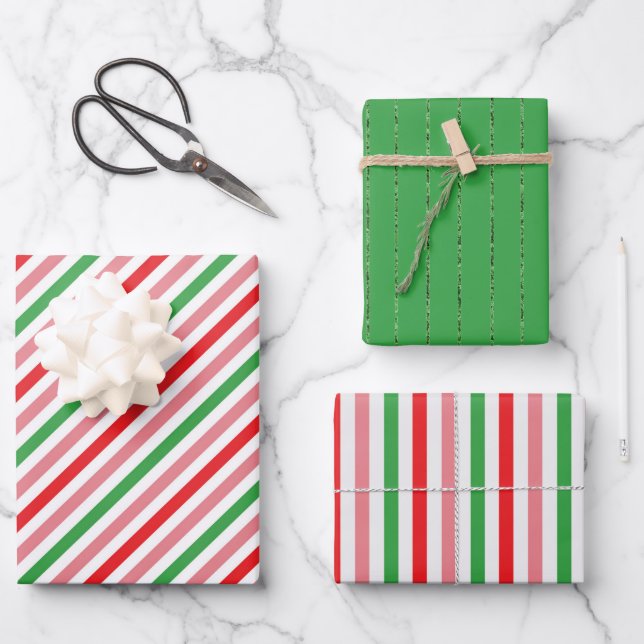 Pretty Christmas Stripes Trio Wrapping Paper Sheet (Front)