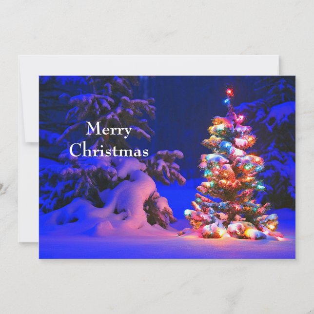 Pretty Christmas Tree Lights Snow Photo Flat Holiday Card (Front)