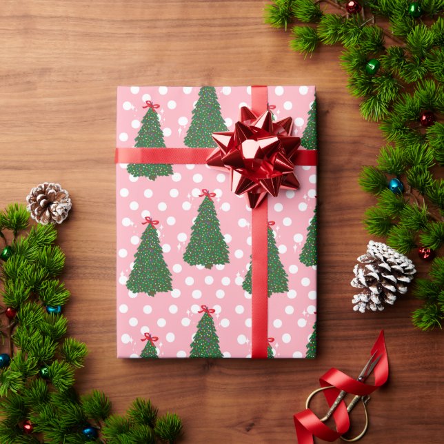 Pretty Christmas Tree Pattern Holiday Dottie Pink Wrapping Paper (Holiday Gift)