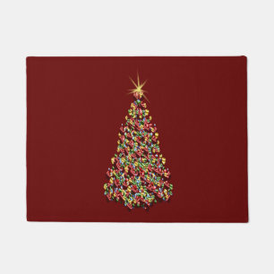 Pretty Christmas Tree Red Background Holiday Decor Doormat