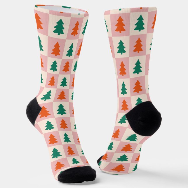 Pretty Christmas trees Retro pink Green pattern Socks (Angled)