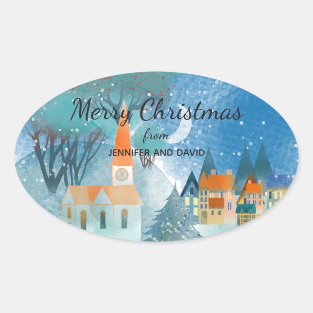 Pretty Christmas Village Custom Typography Oval Sticker (Front)