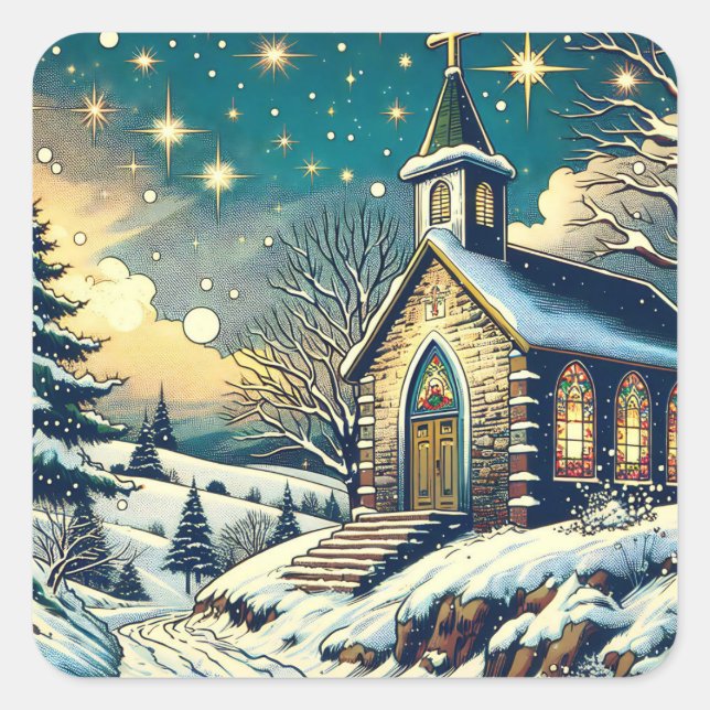 Pretty Church on a Winter Christmas Square Sticker (Front)