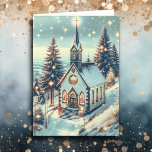 Pretty Church on a Winter Day Christmas Card<br><div class="desc">Personalised Christmas card. Pretty church with sparkly snow falling on it nostalgic vintage Christmas card.</div>