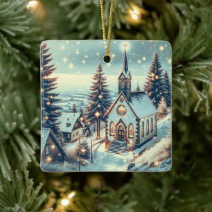 Pretty Church on a Winter Day Christmas Ceramic Ornament