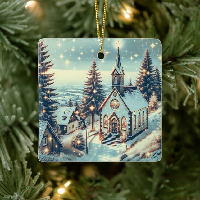 Pretty Church on a Winter Day Christmas Ceramic Ornament (Tree)