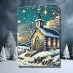 Pretty Church on a Winter Personalised Christmas Holiday Card<br><div class="desc">Pretty personalised Christmas card. Gorgeous blue and white background with white snowflakes and sparkles surround a pretty church and cross with stained glass windows.</div>