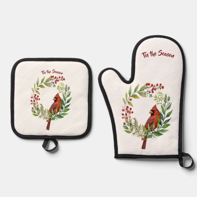 Pretty Classic Cardinal Red Bird Oven Mitt & Pot Holder Set (Front)