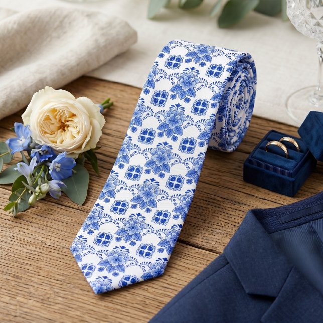 Pretty Classic Dutch Delft Blue Floral Art Pattern Tie (Creator Uploaded)