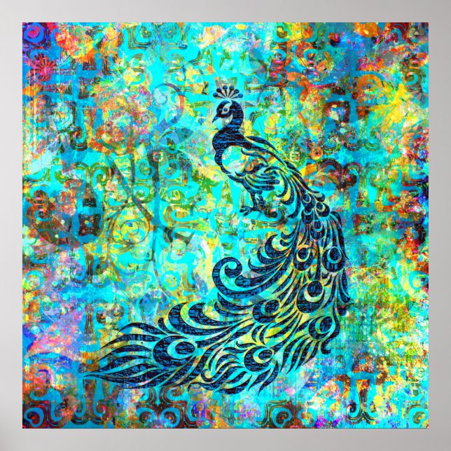 Pretty Colorful Bright Turquoise Peacock Abstract Poster (Front)