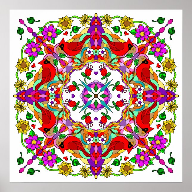 Pretty Colorful Cardinals and Flowers Mandala  Poster (Front)