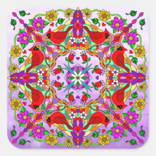 Pretty Colorful Cardinals and Flowers Mandala   Square Sticker