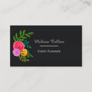 Pretty Colorful Floral on Black Elegant Business Card