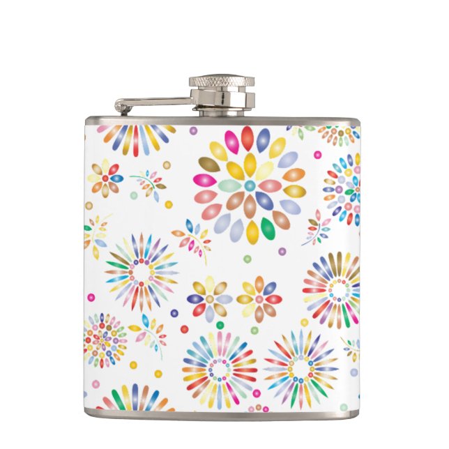 Pretty Colorful Flowers Circles Pattern on White Hip Flask (Front)