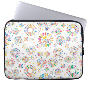 Pretty Colorful Flowers Circles Pattern on White Laptop Sleeve