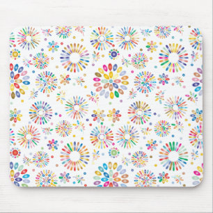 Pretty Colorful Flowers Circles Pattern on White Mouse Mat