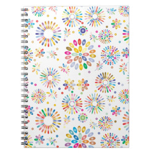 Pretty Colorful Flowers Circles Pattern on White Notebook
