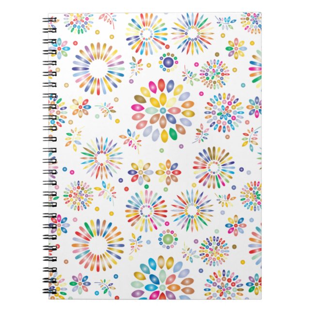 Pretty Colorful Flowers Circles Pattern on White Notebook (Front)