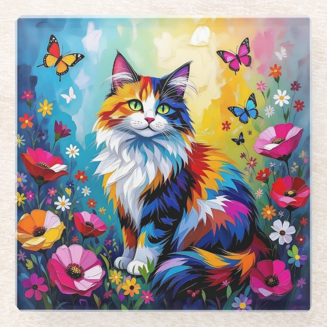 Pretty Colorful Impasto Cat and Flowers Glass Coaster (Front)