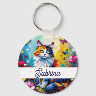 Pretty Colorful Impasto Cat and Flowers Key Ring