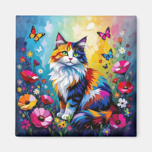Pretty Colorful Impasto Cat and Flowers Magnet