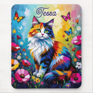 Pretty Colorful Impasto Cat and Flowers Mouse Mat