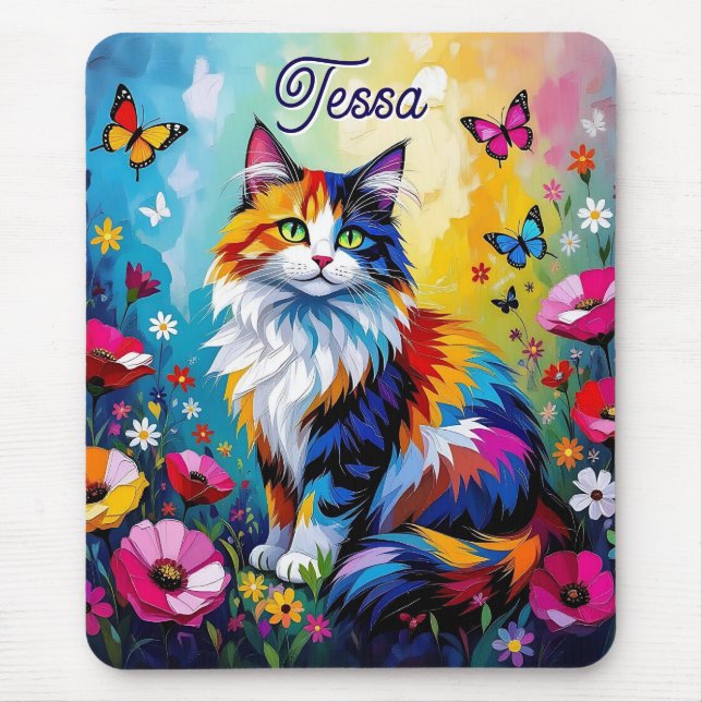Pretty Colorful Impasto Cat and Flowers Mouse Mat (Front)