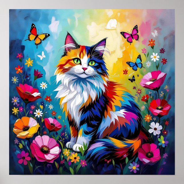 Pretty Colorful Impasto Cat and Flowers Poster (Front)