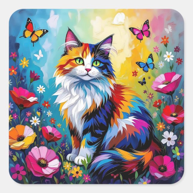 Pretty Colorful Impasto Cat and Flowers Square Sticker (Front)