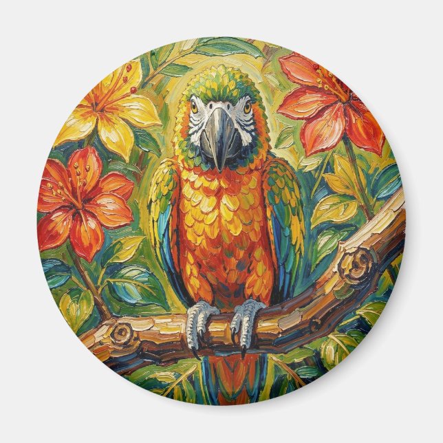 Pretty Colorful Impasto Parrot and Tropical Flower Magnet (Front)