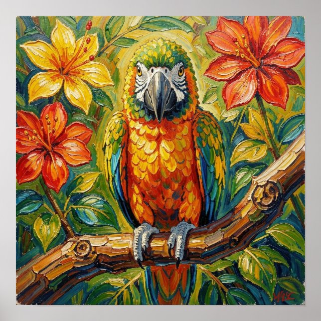 Pretty Colorful Impasto Parrot and Tropical Flower Poster (Front)