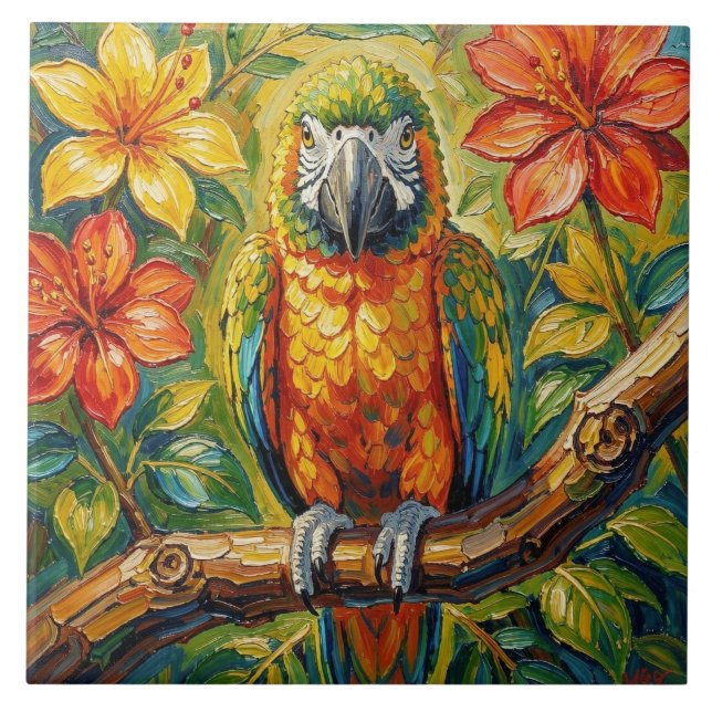 Pretty Colorful Impasto Parrot and Tropical Flower Tile (Front)