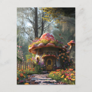 Pretty colorful mushroom house  holiday postcard
