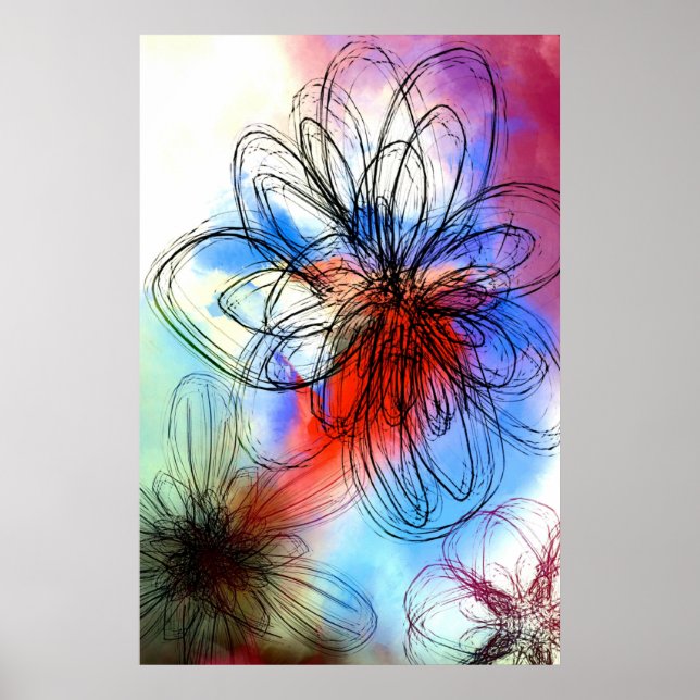 Pretty Colorful Watercolor Flowers Abstract  Poster (Front)