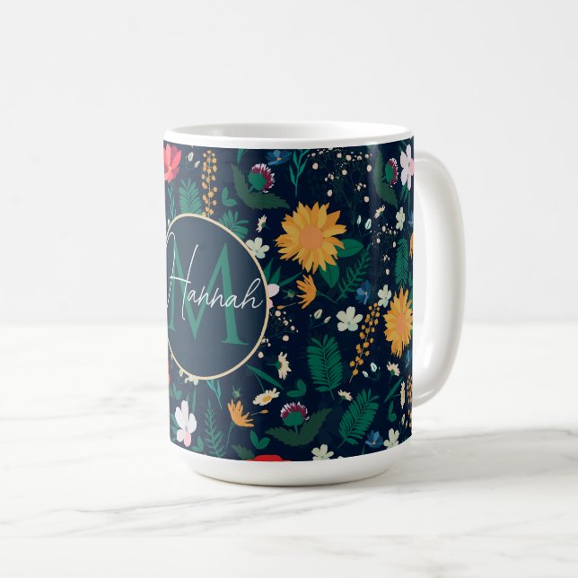 Pretty Colorful Wild Flowers Navy Blue Design Coffee Mug (Front Right)