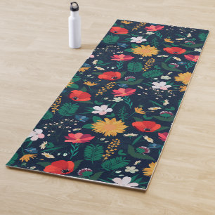 Pretty Colorful Wild Flowers Navy Blue Design Yoga Mat